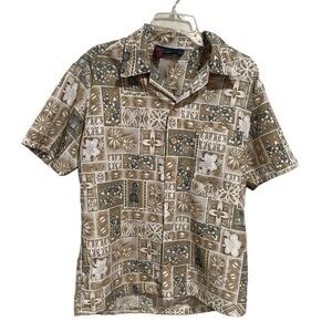 ROUNDY BAY Men’s tan floral vintage Hawaiian casual button down shirt size M